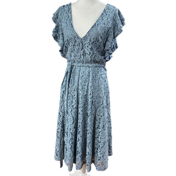 NEW Boohoo Womens 4 Lace Plunge Midi Dress Ruffle Sleeve Skater Teal Blue Party - Picture 2 of 9